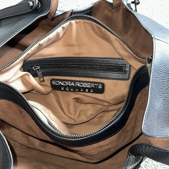 Sondra Roberts Squared Vegan Leather Tote Satchel Black Shoulder Bag Purse Large - Picture 12 of 12